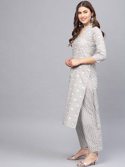 Women's Grey & Off-White Printed Kurta With Trousers