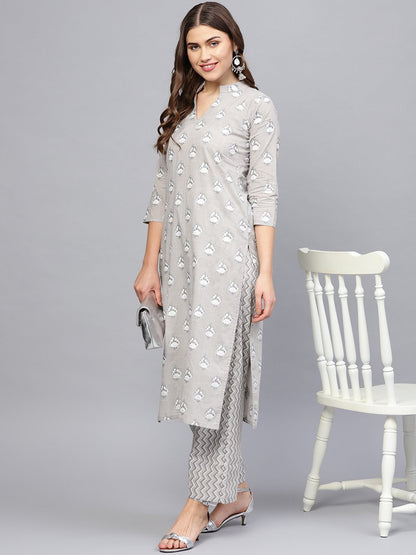 Women's Grey & Off-White Printed Kurta With Trousers