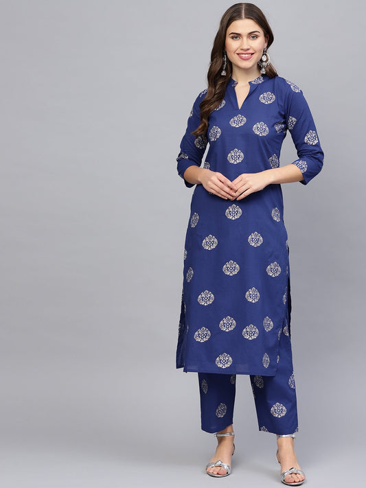 Women's Blue & Golden Printed Kurta With Palazzos