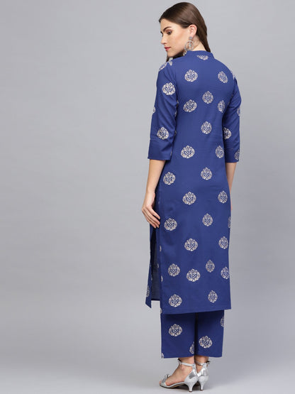 Women's Blue & Golden Printed Kurta With Palazzos