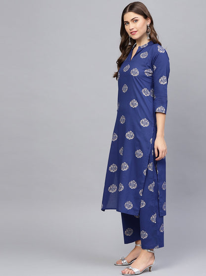 Women's Blue & Golden Printed Kurta With Palazzos