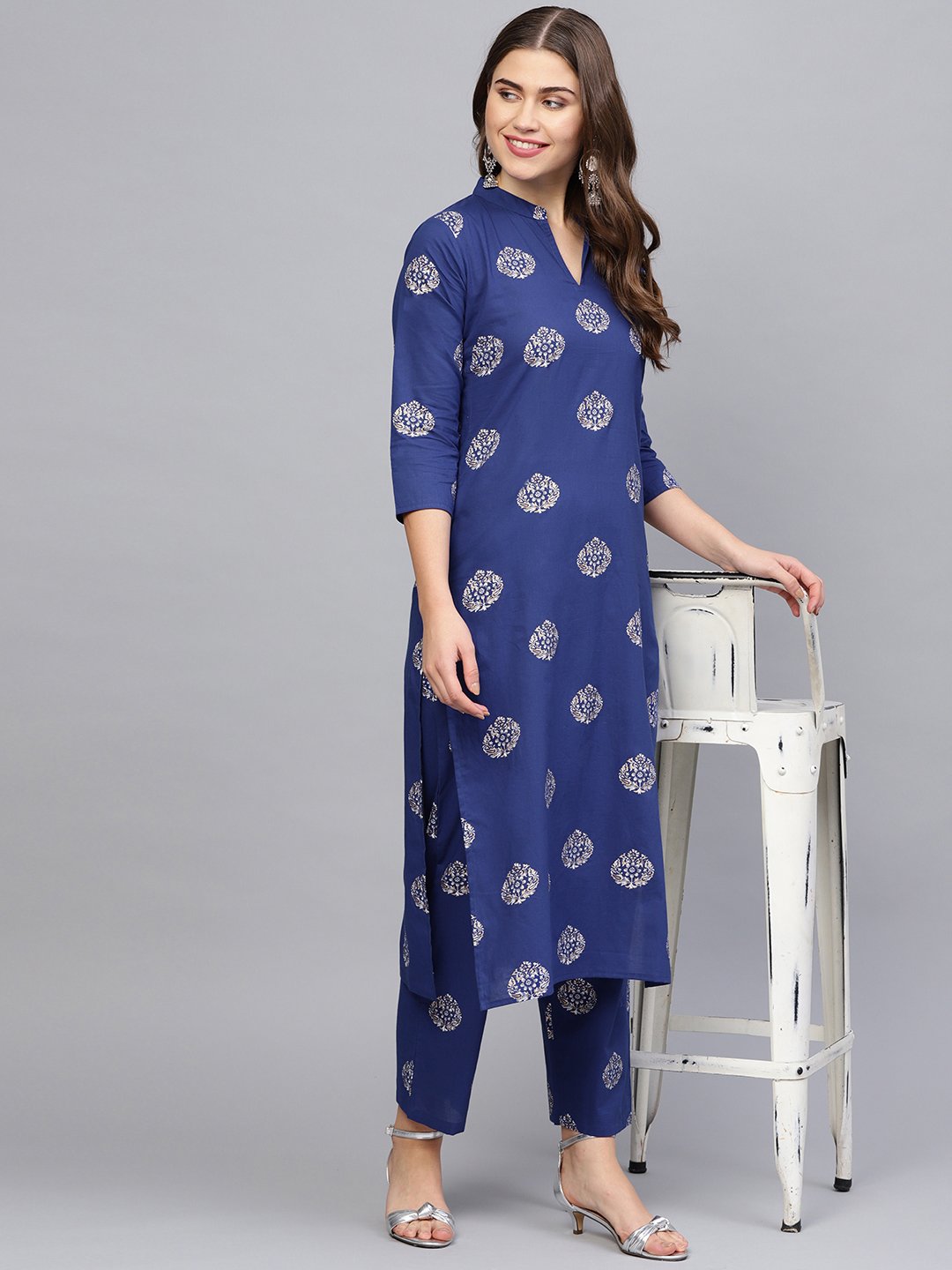 Women's Blue & Golden Printed Kurta With Palazzos