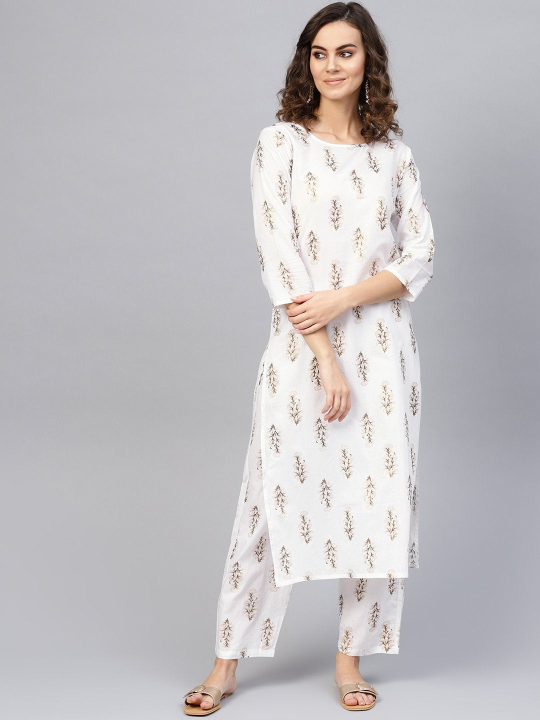Women's Off-White & Golden Printed Kurta With Trousers