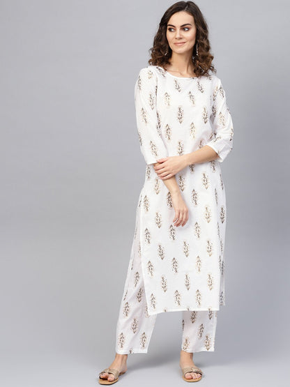Women's Off-White & Golden Printed Kurta With Trousers