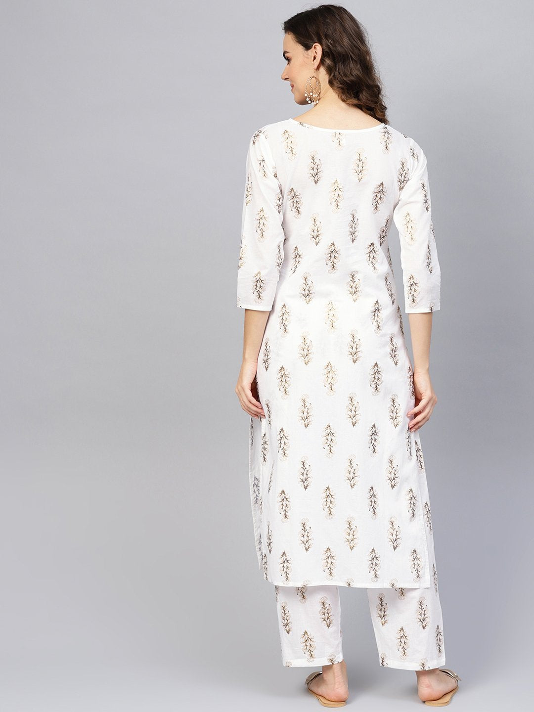 Women's Off-White & Golden Printed Kurta With Trousers