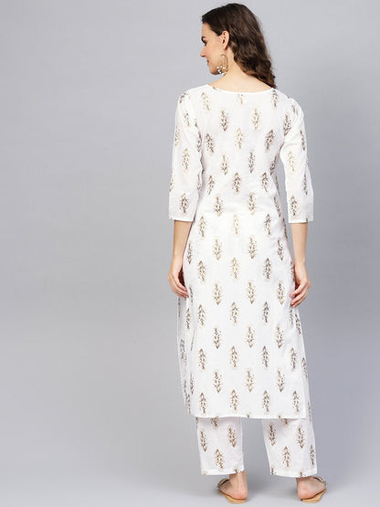 Women's Off-White & Golden Printed Kurta With Trousers