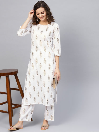 Women's Off-White & Golden Printed Kurta With Trousers