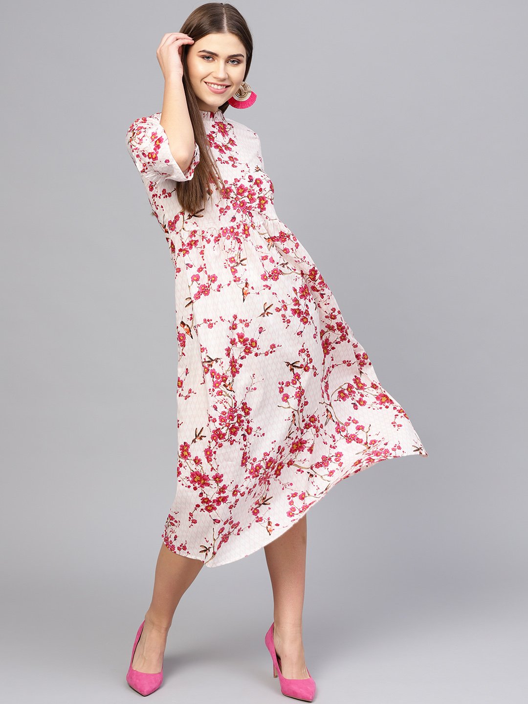 Women's Off-White & Pink Printed Empire Dress