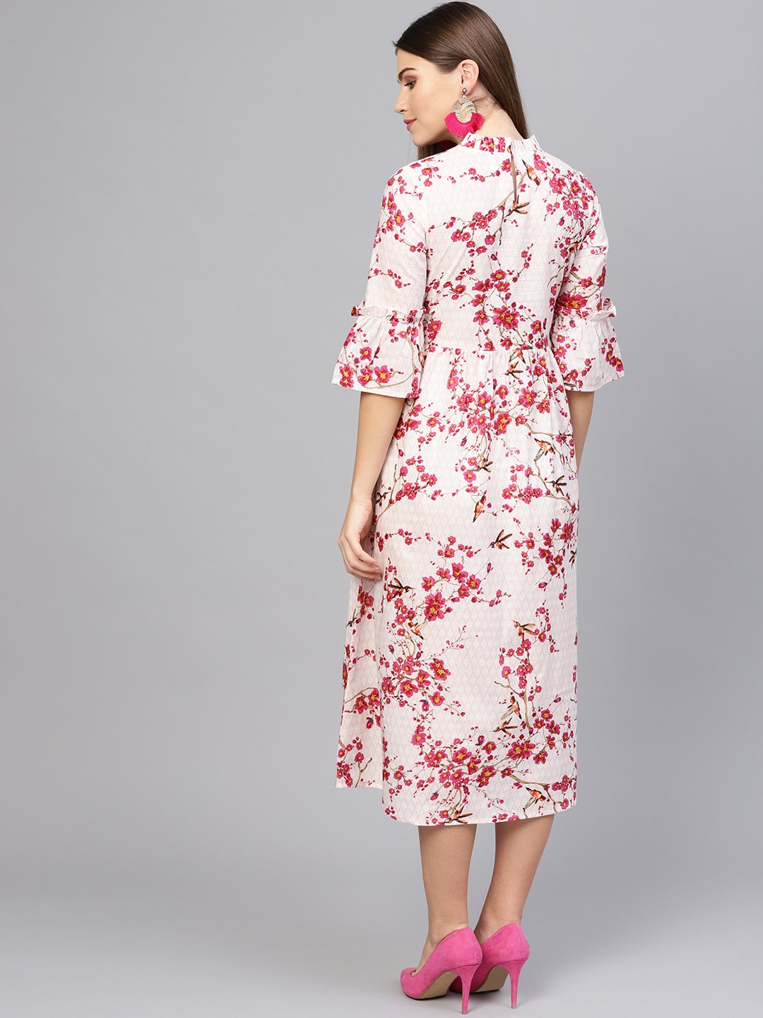 Women's Off-White & Pink Printed Empire Dress