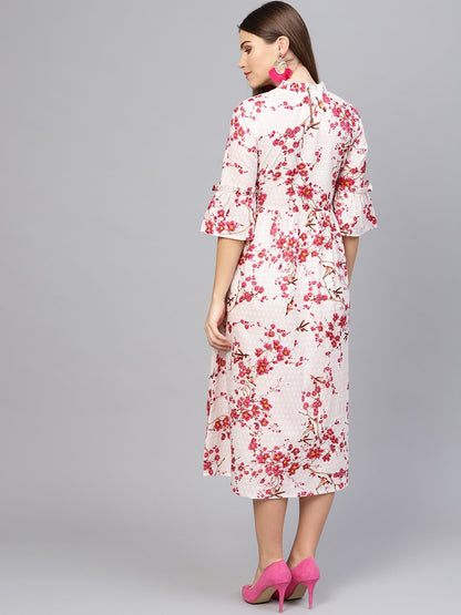Women's Off-White & Pink Printed Empire Dress