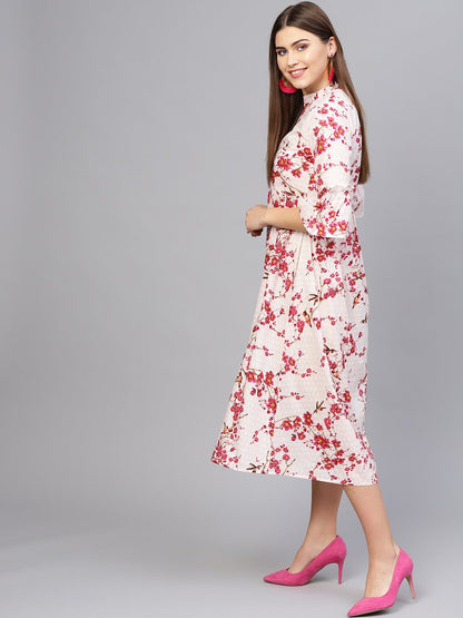 Women's Off-White & Pink Printed Empire Dress