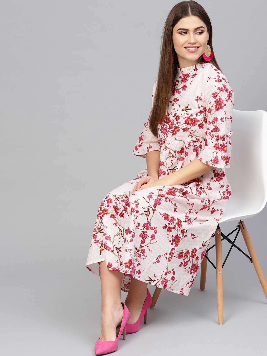 Women's Off-White & Pink Printed Empire Dress