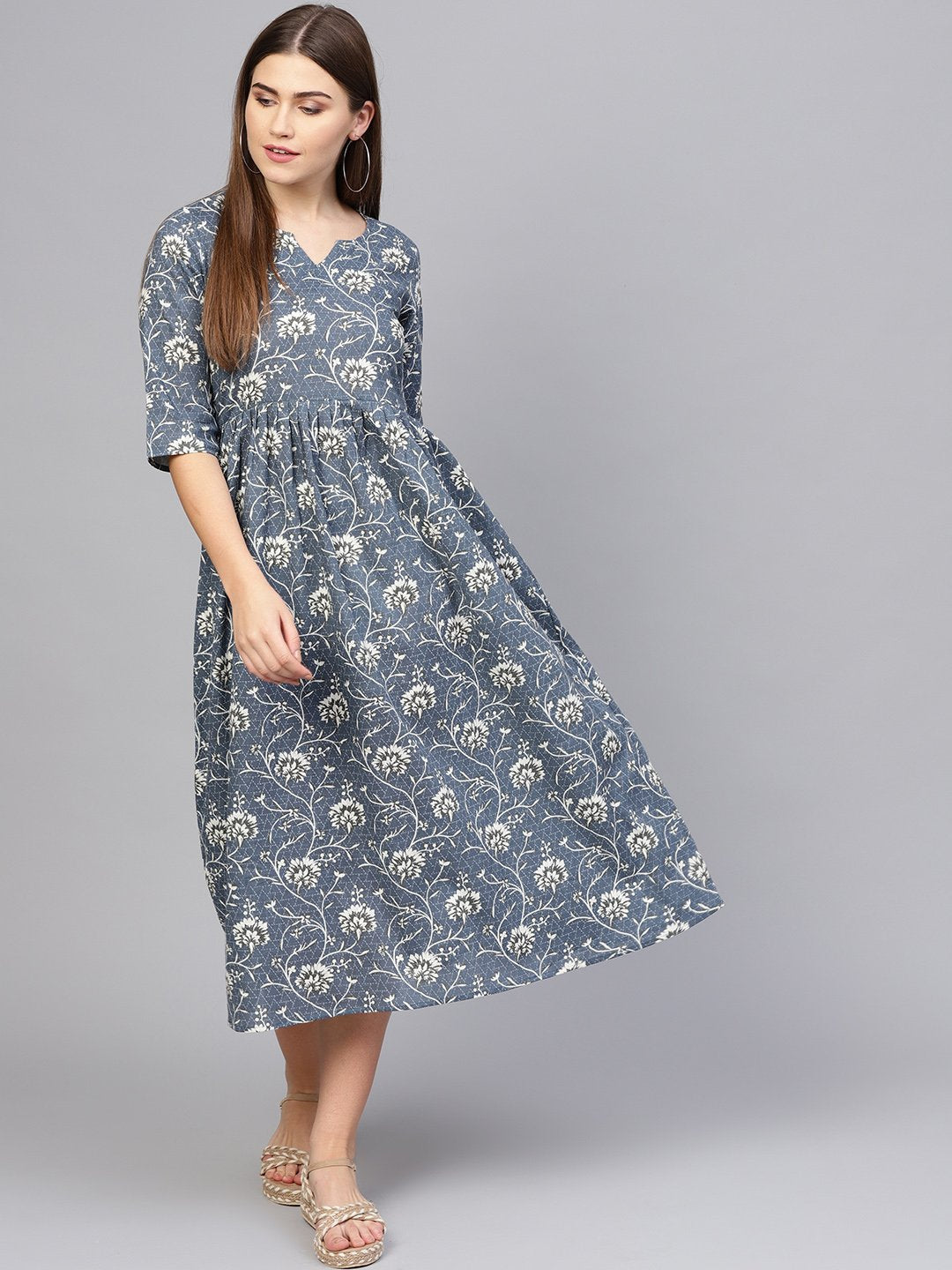 Women's Navy Blue & Off-White Printed A-Line Dress