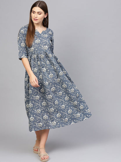 Women's Navy Blue & Off-White Printed A-Line Dress