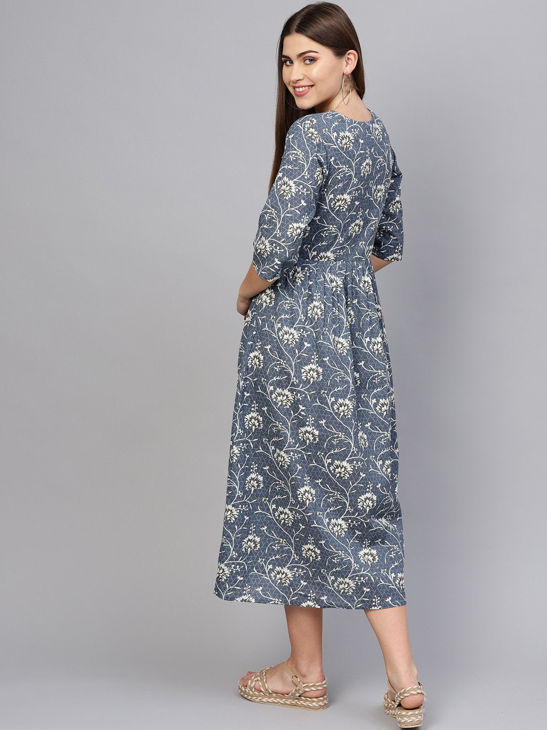 Women's Navy Blue & Off-White Printed A-Line Dress