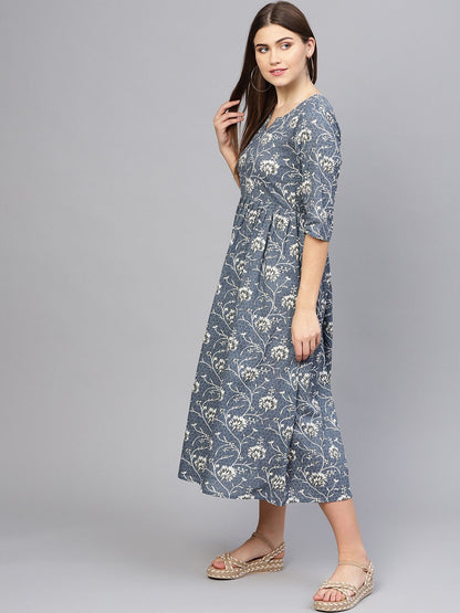 Women's Navy Blue & Off-White Printed A-Line Dress