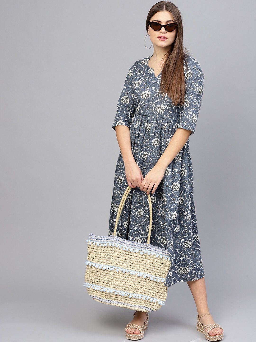 Women's Navy Blue & Off-White Printed A-Line Dress