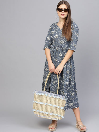 Women's Navy Blue & Off-White Printed A-Line Dress