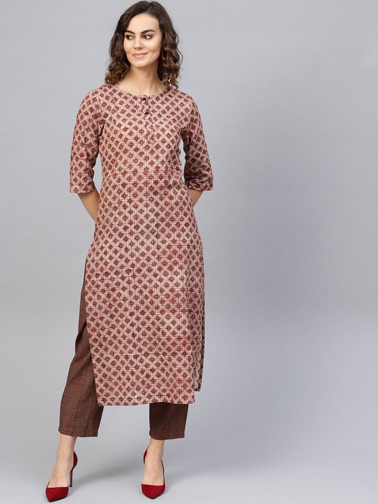 Women's Beige & Brown Printed Kurta With Trousers