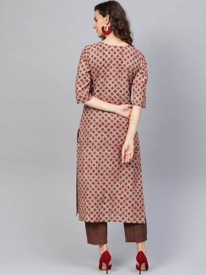 Women's Beige & Brown Printed Kurta With Trousers