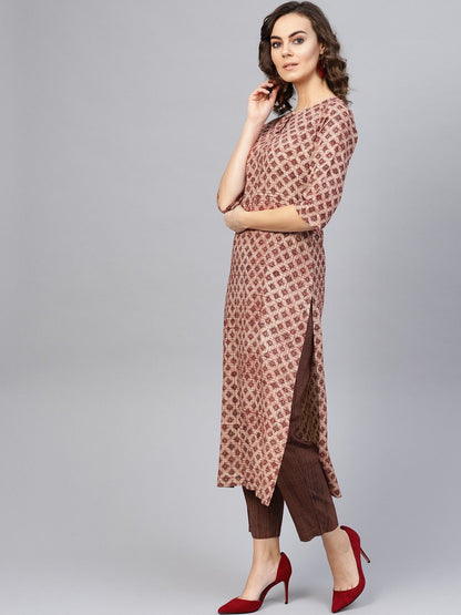 Women's Beige & Brown Printed Kurta With Trousers