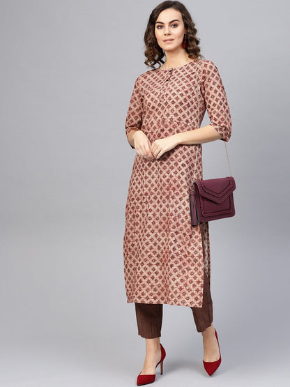 Women's Beige & Brown Printed Kurta With Trousers