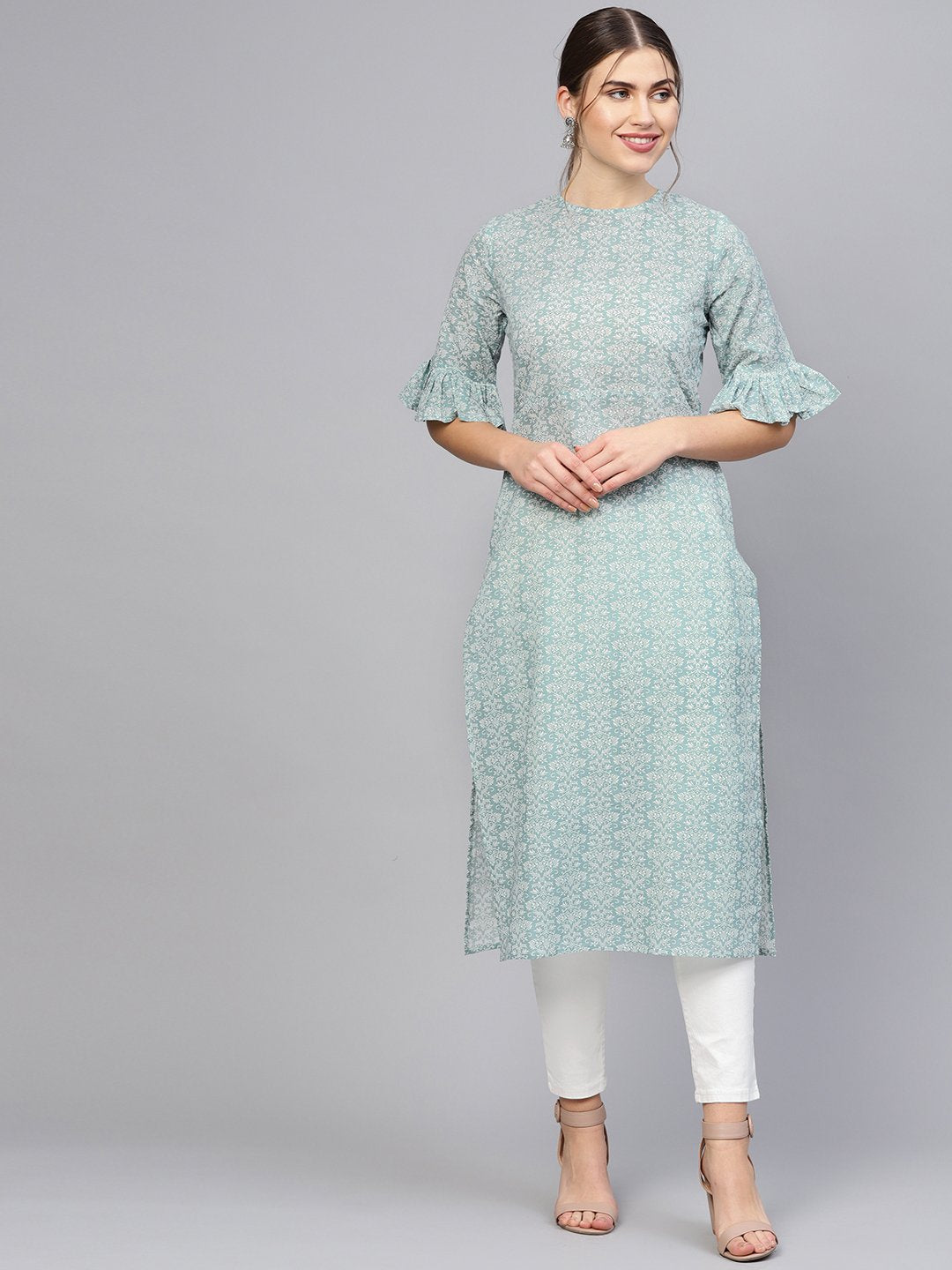 Women's Grey & White Printed Straight Kurta
