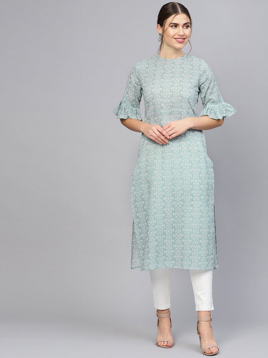 Women's Grey & White Printed Straight Kurta