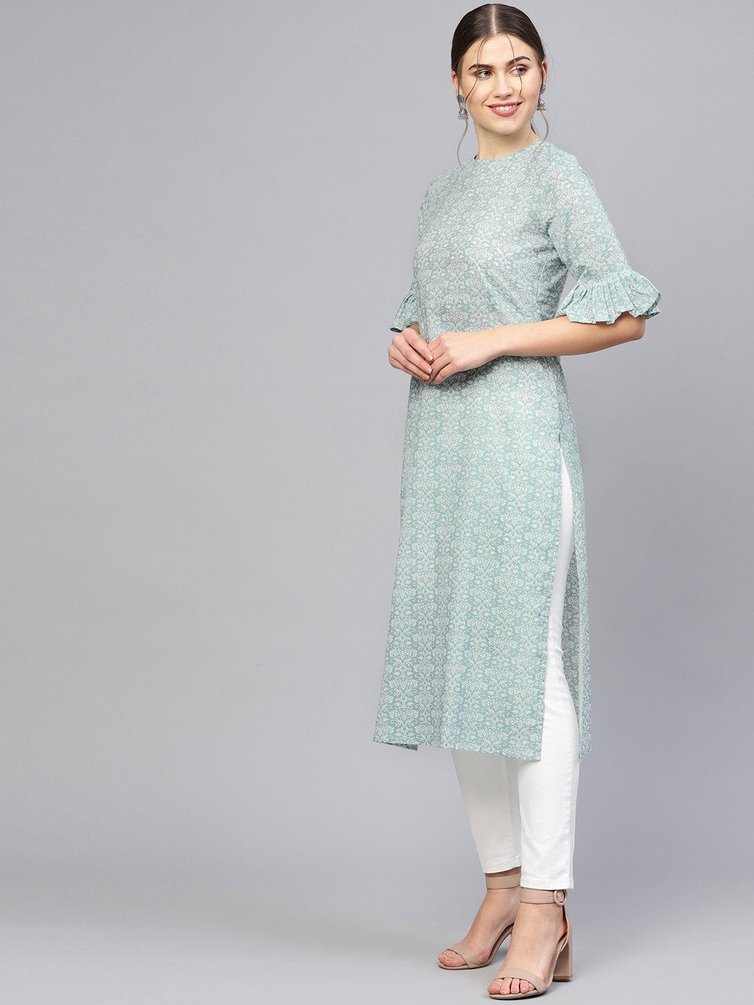 Women's Grey & White Printed Straight Kurta