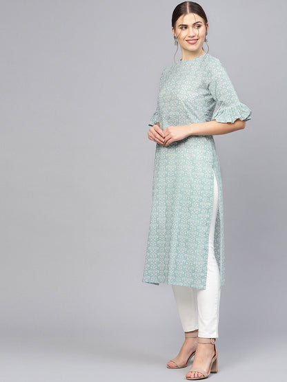 Women's Grey & White Printed Straight Kurta