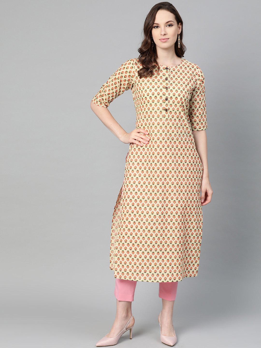 Women's Beige With Multi Floral Printed Kurta With Buttons Detailing