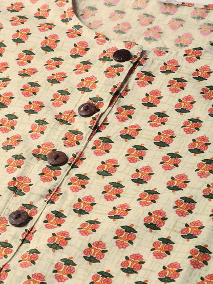 Women's Beige With Multi Floral Printed Kurta With Buttons Detailing