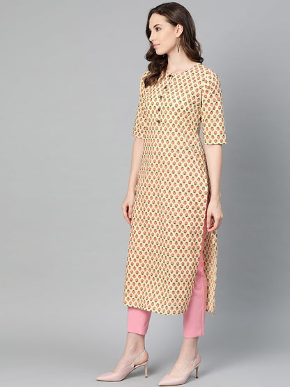 Women's Beige With Multi Floral Printed Kurta With Buttons Detailing