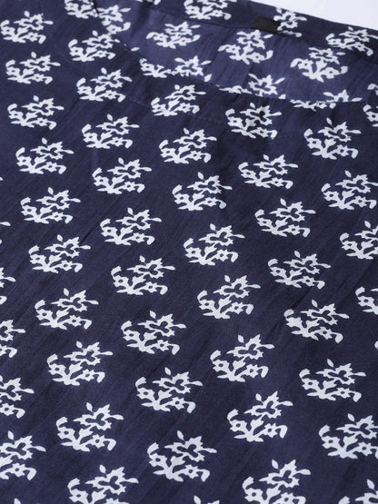 Women's Navy Blue & White Floral Printed A-Line Cotton Kurta