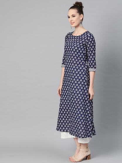Women's Navy Blue & White Floral Printed A-Line Cotton Kurta