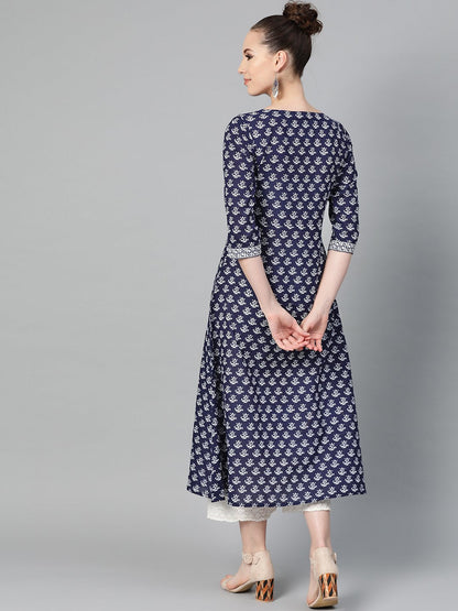 Women's Navy Blue & White Floral Printed A-Line Cotton Kurta