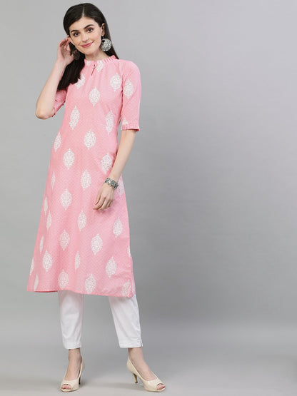 Women's Pink & White Printed Straight Kurta