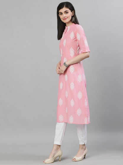 Women's Pink & White Printed Straight Kurta