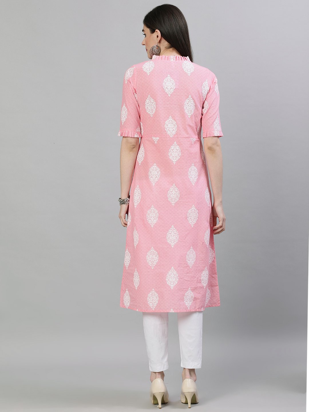 Women's Pink & White Printed Straight Kurta