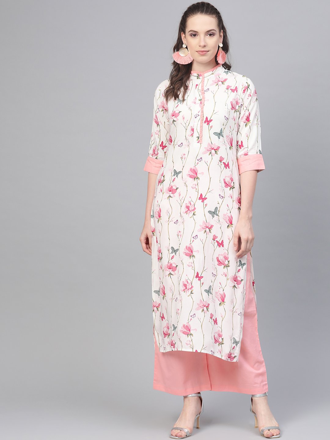 Women's Off White Multi Colored Floral Kurta With Collar And Placket Detailing With Solid Light Pink Pallazos