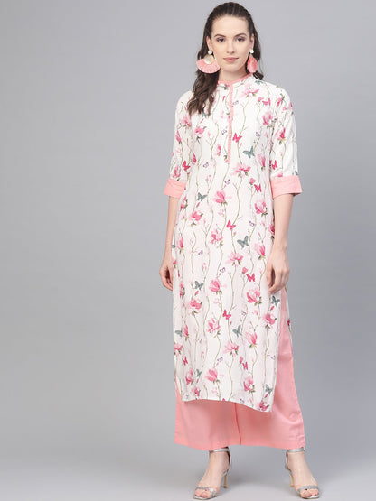 Women's Off White Multi Colored Floral Kurta With Collar And Placket Detailing With Solid Light Pink Pallazos