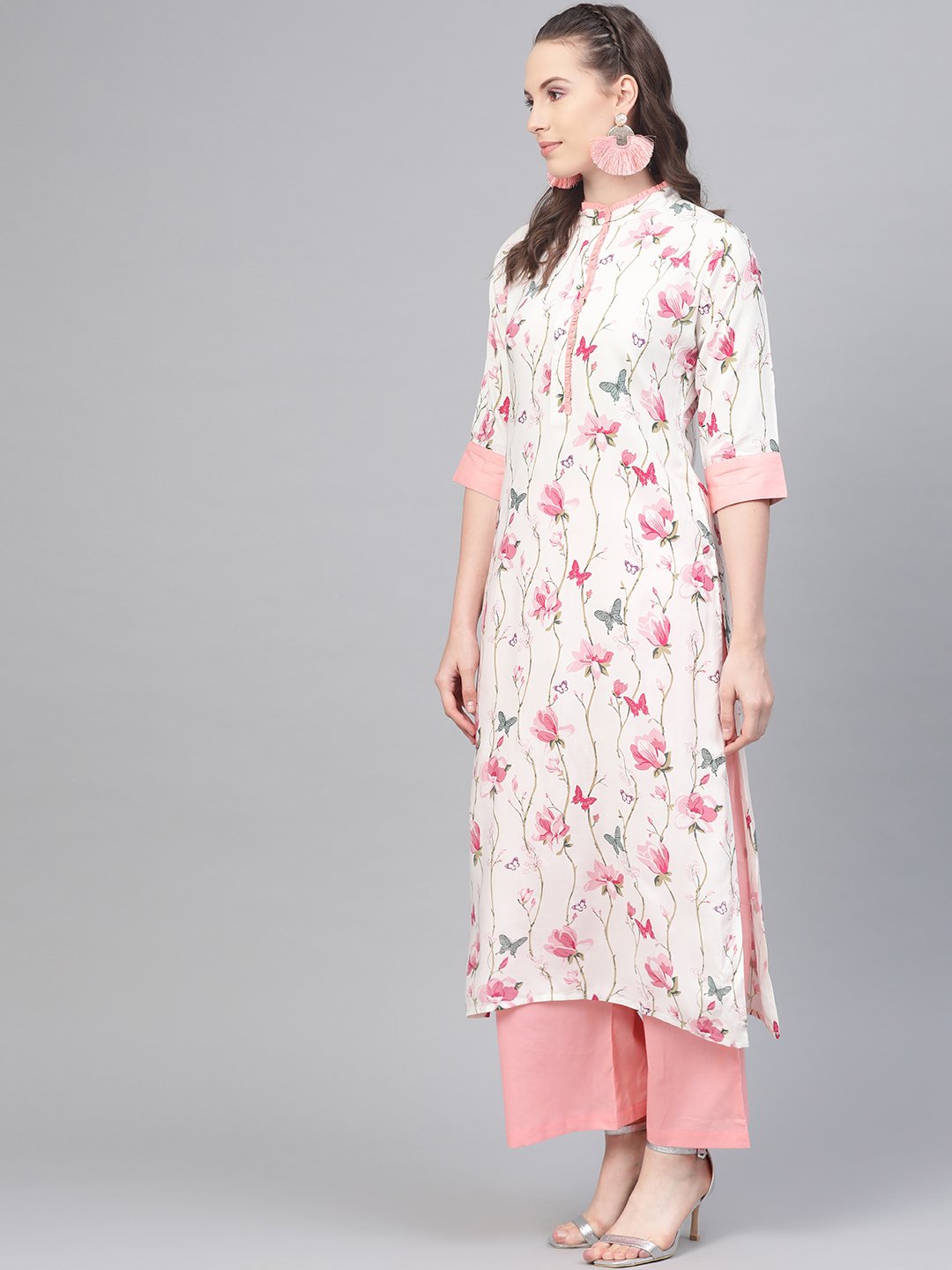 Women's Off White Multi Colored Floral Kurta With Collar And Placket Detailing With Solid Light Pink Pallazos