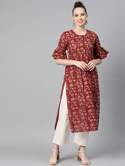 Women's Maroon & Beige Printed A-Line Kurta With Round Flared Sleeves