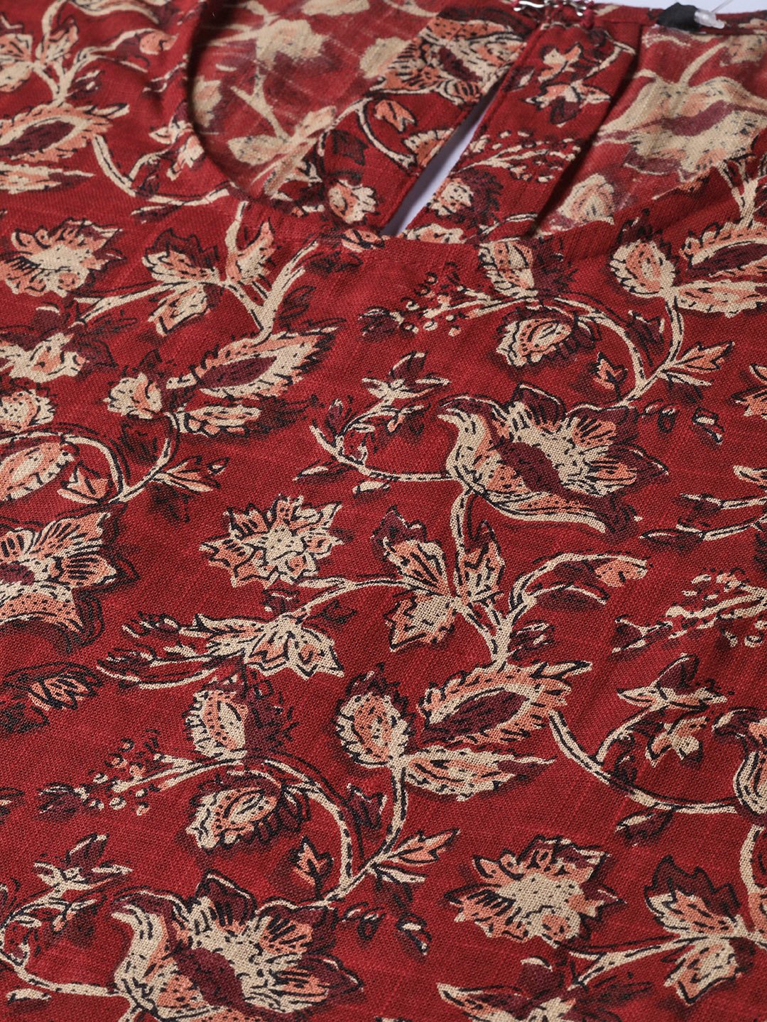 Women's Maroon & Beige Printed A-Line Kurta With Round Flared Sleeves
