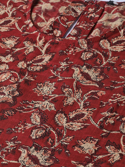 Women's Maroon & Beige Printed A-Line Kurta With Round Flared Sleeves
