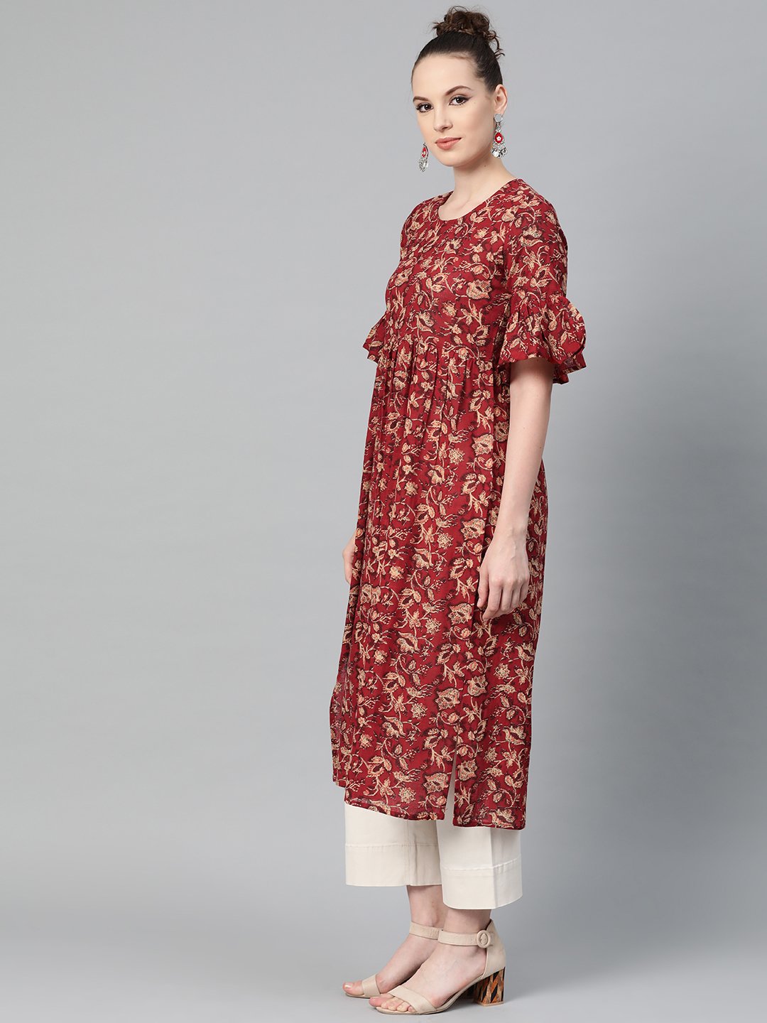 Women's Maroon & Beige Printed A-Line Kurta With Round Flared Sleeves