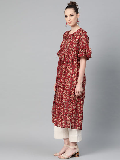Women's Maroon & Beige Printed A-Line Kurta With Round Flared Sleeves