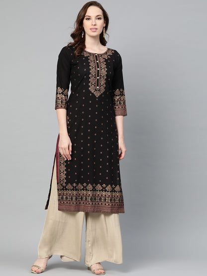 Women's Black & Gold Geometric Printed Kurta With Round Neck & 3/4 Sleeves