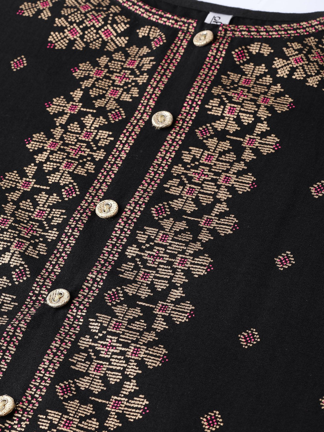Women's Black & Gold Geometric Printed Kurta With Round Neck & 3/4 Sleeves