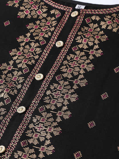 Women's Black & Gold Geometric Printed Kurta With Round Neck & 3/4 Sleeves